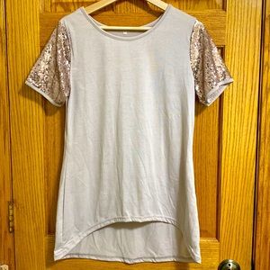 NWOT Taupe longer shirt with rose gold sequin short sleeves, size XL.